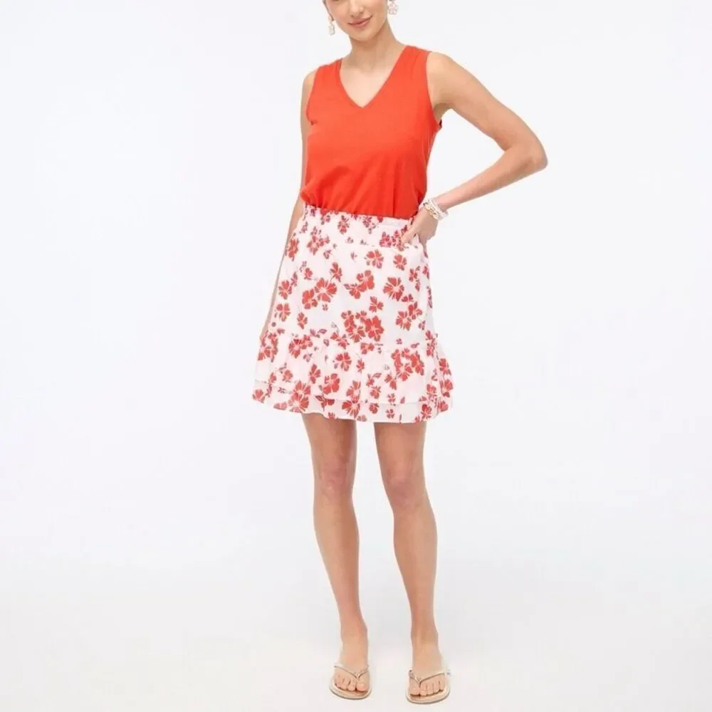 J. Crew Ruffle Smocked-Waist Mini Skirt in White Bright Cerise Red Floral 2X NWT